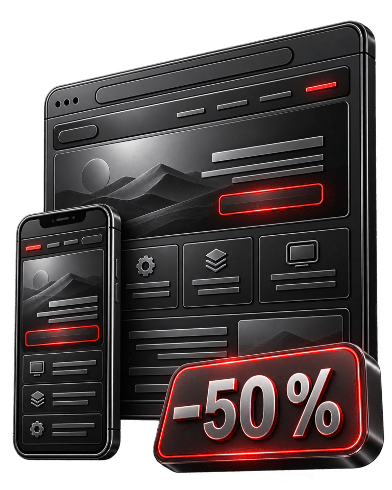 Nach links ausgerichtetes Website-Mockup auf Desktop und Smartphone mit 50 Prozent Preisnachlass im Partnerprojekt